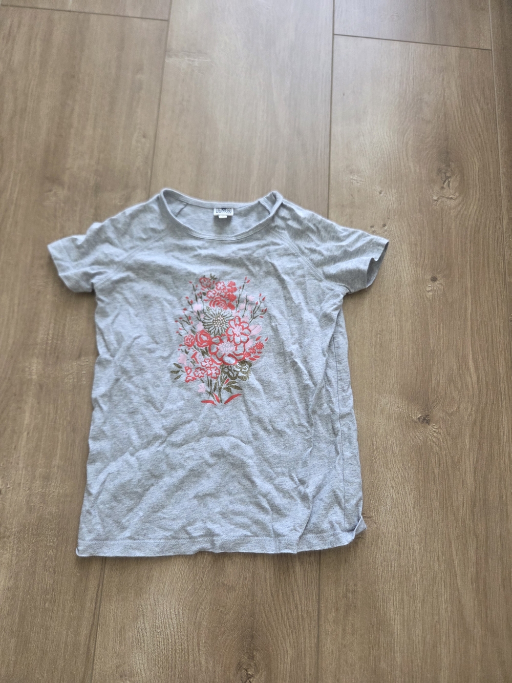 Bonton Light Gray Tee with Pink and Green Floral Print